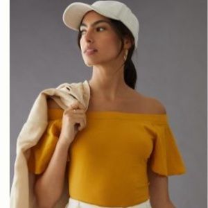 Anthropologie Maeve Off Shoulder Blouse Top Flutter Sleeve Mustard Yellow XSMALL